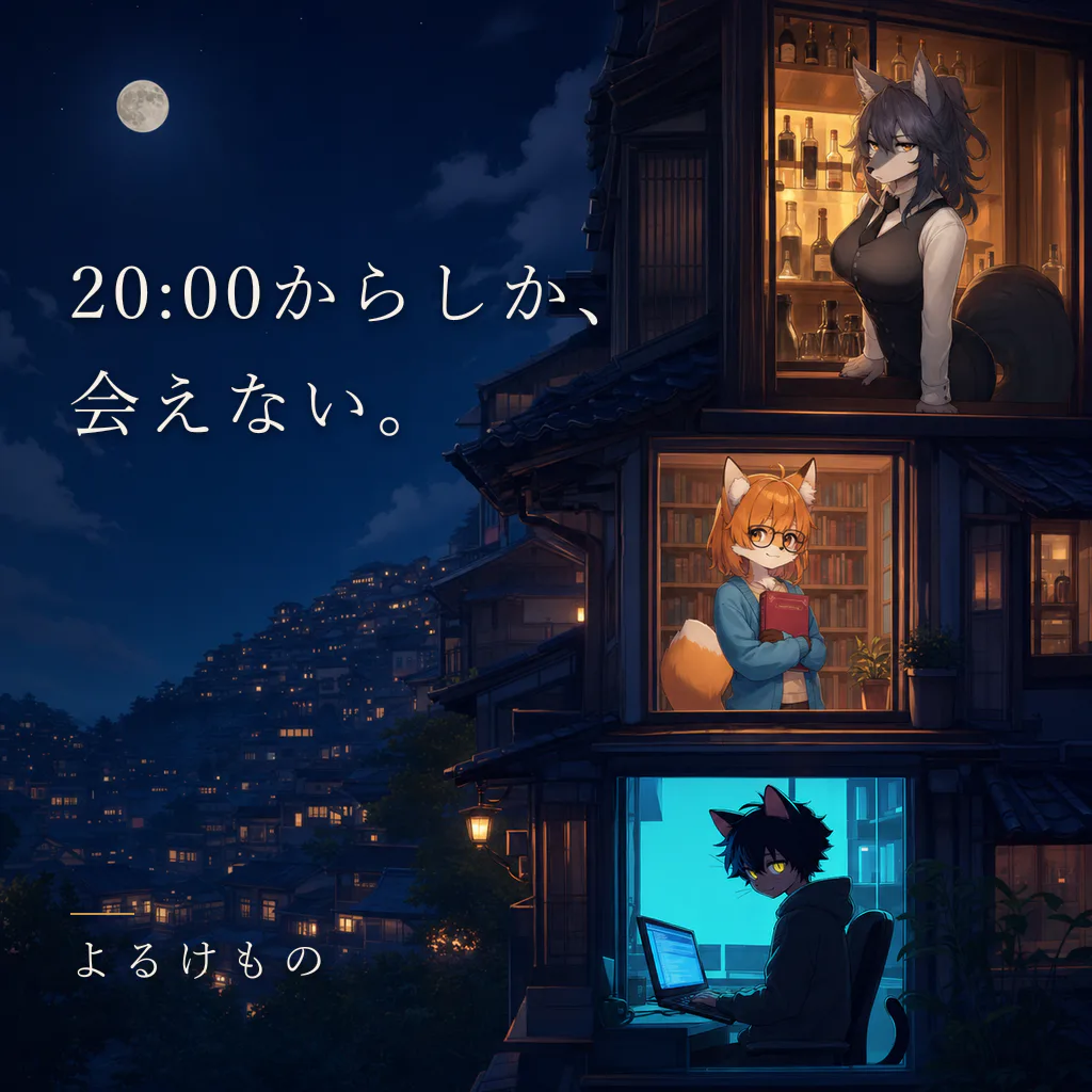 月夜の街の三つの窓で、狼のルカ、狐のミロ、黒猫のネムが夜を過ごしている広告ビジュアル